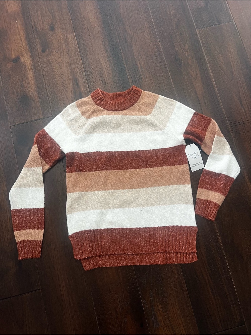 STRIPED CREWNECK SWEATER - TIME & TRU - RUST/CREAM